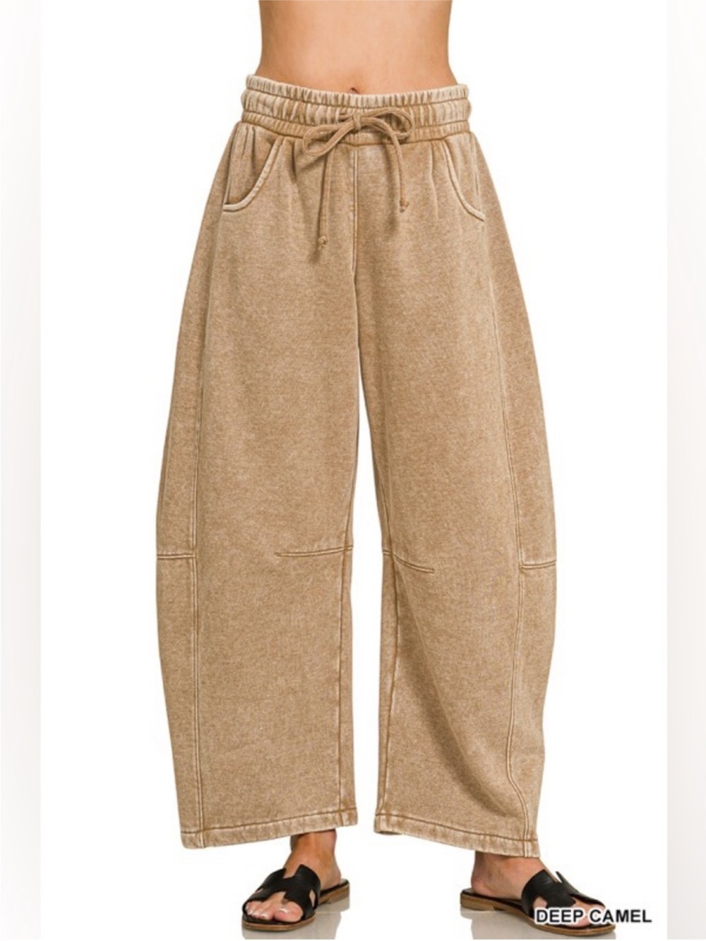 Zenana Camel Acid Wash Barrel Fleece Pant